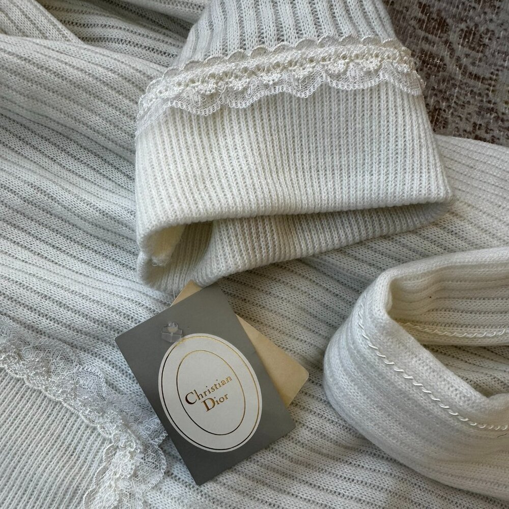 Vintage Christian Dior Lingerie White Sweater Robe Knit Belted Lace Trim Sz M